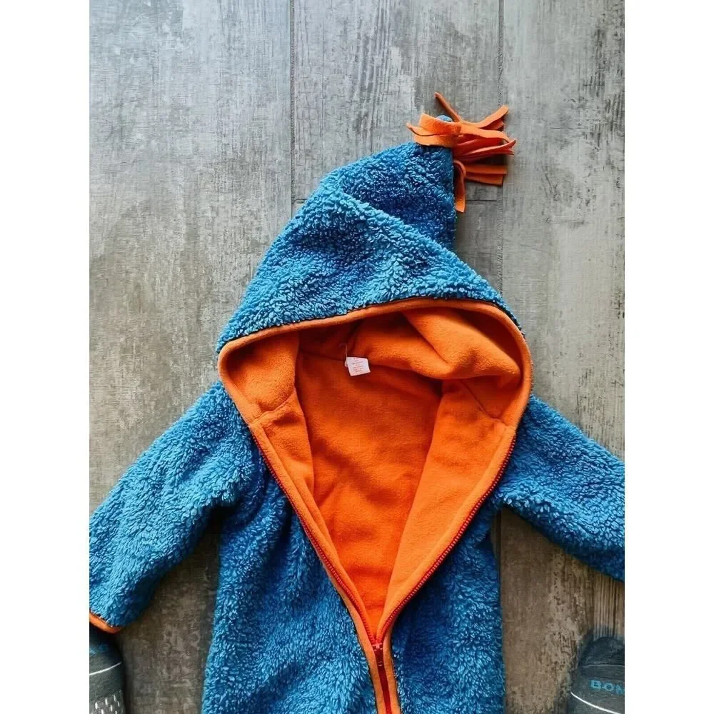 GIGGLE BABY Boy Plush Sherpa Cozy Fleece Blue Orange Coverall Hooded 6-12m